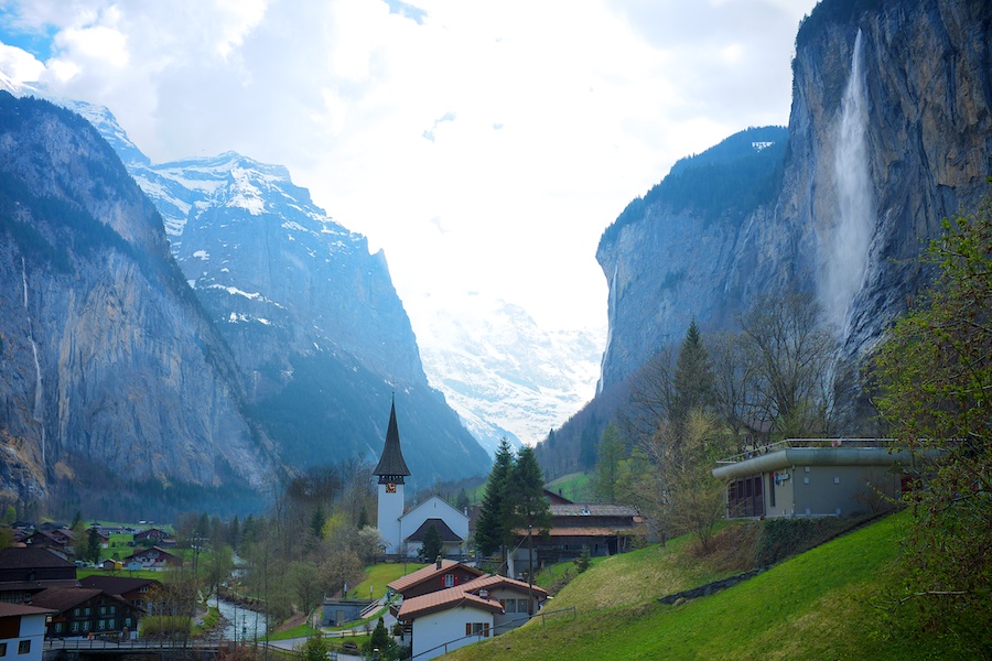 Great view of the lower half of Lauterbrunnen. Stubbach Falls on the right.