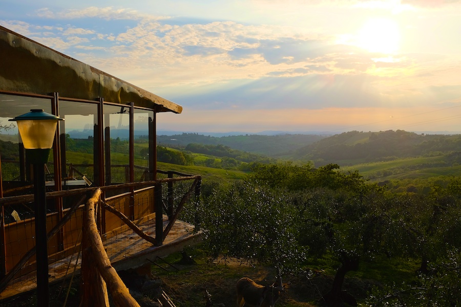 The sun setting behind the hills and olive groves